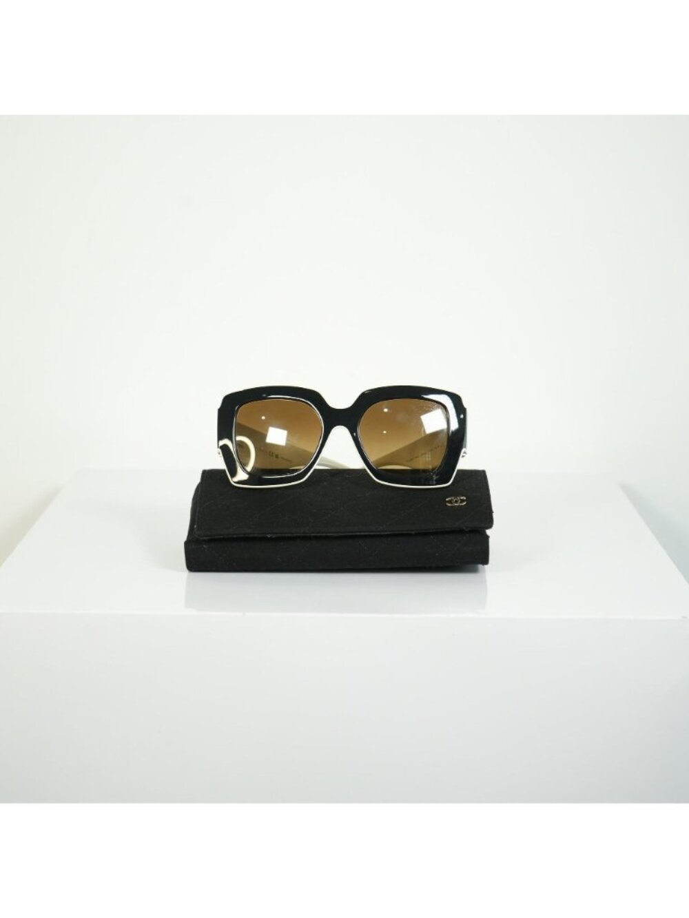 Chanel Square Sunglasses Black White Frame Brown Gradient Lens CC Logo